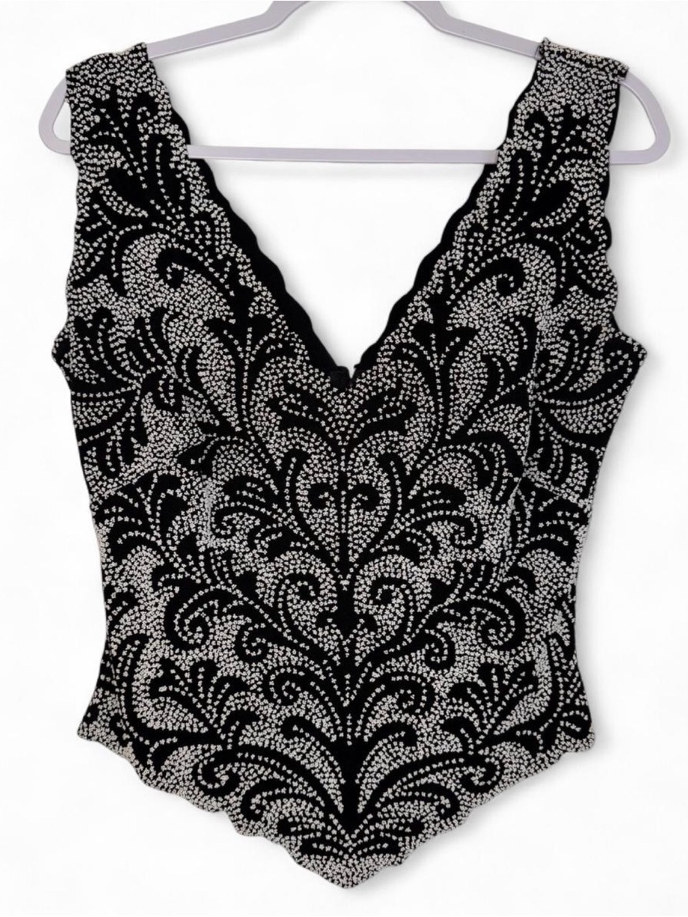 Tadashi Shoji black & white v-neck beaded top - Picture 1 of 3